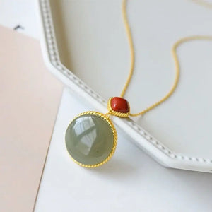 Silver Inlaid Hetian Jade Round Pendant Necklace Retro Charm Women's Jewelry