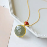 Silver Inlaid Hetian Jade Round Pendant Necklace Retro Charm Women's Jewelry