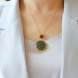 Silver Inlaid Hetian Jade Round Pendant Necklace Chinese Charm Women's Jewelry