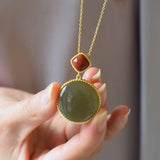 Silver Inlaid Hetian Jade Round Pendant Necklace Chinese Charm Women's Jewelry