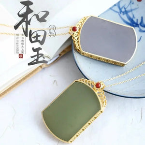 Hetian Jade Square Pendant Necklace with Silver Inlay