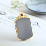 Hetian Jade Square Pendant Necklace with Silver Inlay