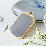 Hetian Jade Square Pendant Necklace with Silver Inlay