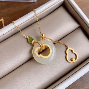 Silver Inlaid Hetian Jade Gourd Pendant Necklace