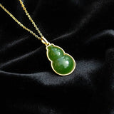 Silver Inlaid Hetian Jade Gourd Pendant Necklace with Ancient Edge Craft