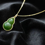 Silver Inlaid Hetian Jade Gourd Pendant Necklace with Ancient Edge Craft