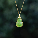 Silver Inlaid Hetian Jade Gourd Pendant Necklace with Ancient Edge Craft