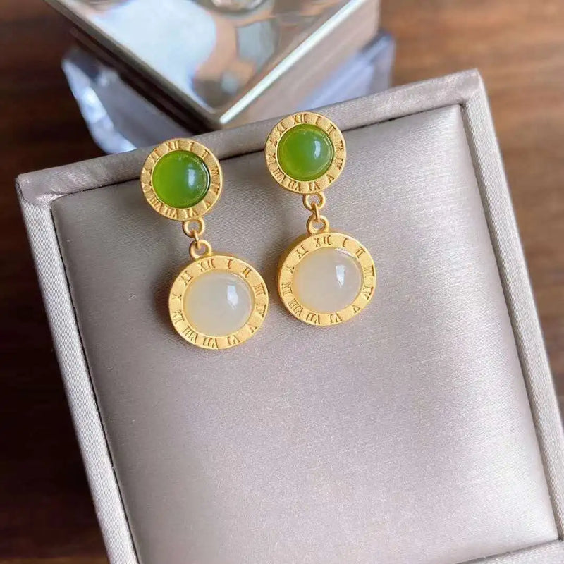 Silver Inlaid Natural Chalcedony Earrings Ancient Craft Women's Jewelry