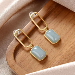 Silver Inlaid Hetian Chalcedony Square Earrings