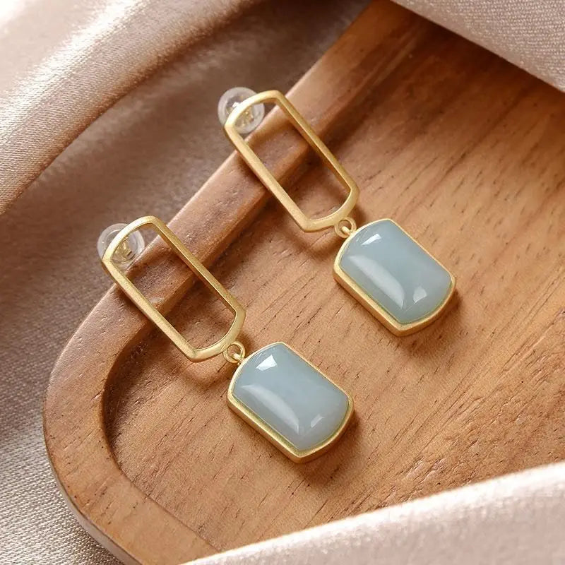Silver Inlaid Hetian Chalcedony Square Earrings