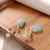 Silver Inlaid Hetian Chalcedony Square Earrings