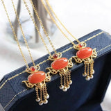 Vintage Chinese Hetian Chalcedony Gilt Earrings with Silver Inlay
