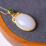 Silver Inlaid Hetian Chalcedony Pendant Necklace Chinese Retro Palace Charm