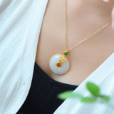 Silver Inlaid Hetian Chalcedony Safety Buckle Pendant Necklace