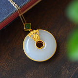 Silver Inlaid Hetian Chalcedony Safety Buckle Pendant Necklace
