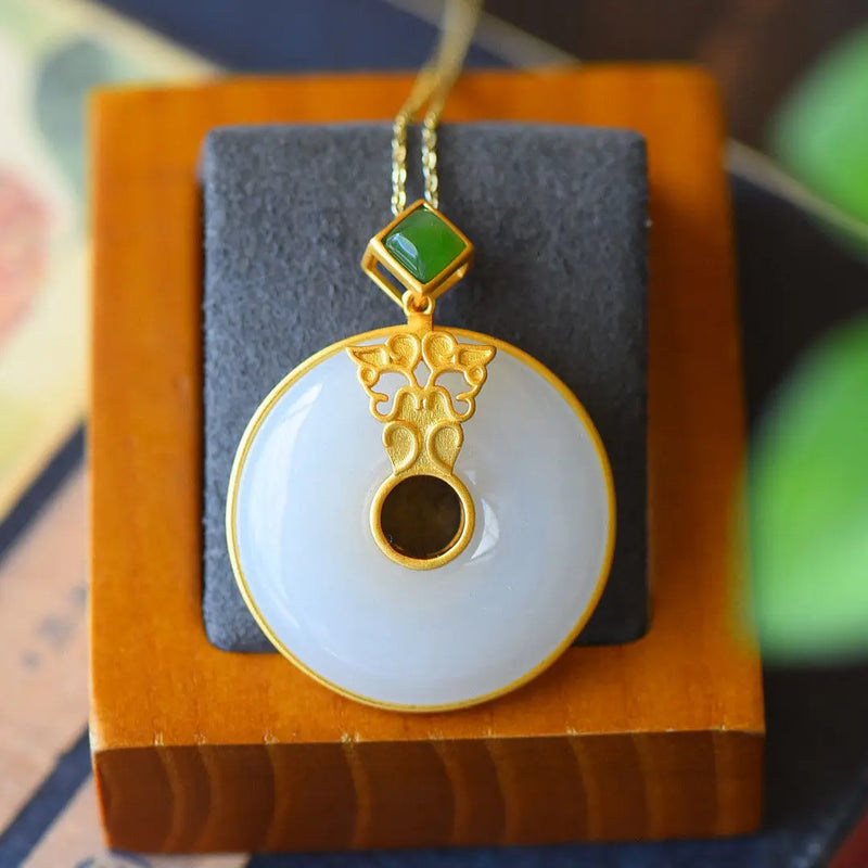 Silver Inlaid Hetian Chalcedony Safety Buckle Pendant Necklace