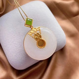 Silver Inlaid Hetian Chalcedony Safety Buckle Pendant Necklace