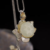 Silver Inlaid Hetian Chalcedony Lotus Necklace Set