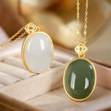Silver Inlaid Hetian Jade Oval Pendant Necklace Retro Unique Ancient Charm Jewel