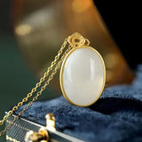 Silver Inlaid Hetian Jade Oval Pendant Necklace Retro Unique Ancient Charm Jewel