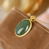 Silver Inlaid Hetian Jade Oval Pendant Necklace Retro Charm Women's Jewelry