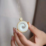 Silver Inlaid Hetian Jade Round Pendant Necklace