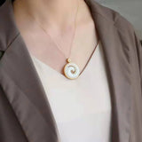 Silver Inlaid Hetian Jade Round Pendant Necklace