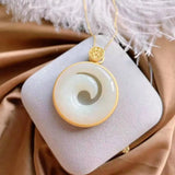 Silver Inlaid Hetian Jade Round Pendant Necklace