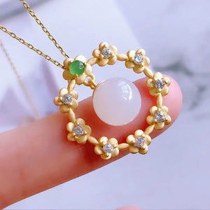 Silver Inlaid Hetian Jade Flower Pendant Necklace