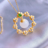 Silver Inlaid Hetian Jade Flower Pendant Necklace