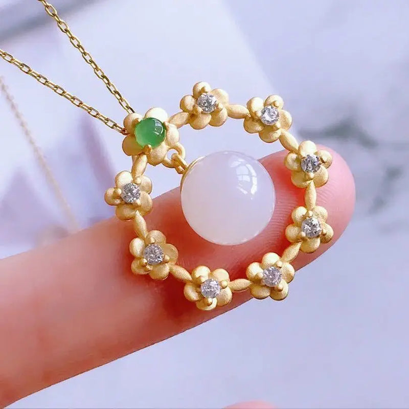 Silver Inlaid Hetian Jade Flower Pendant Necklace