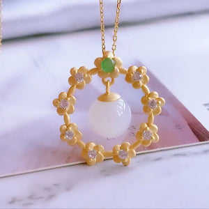 Silver Inlaid Hetian Jade Flower Pendant Necklace