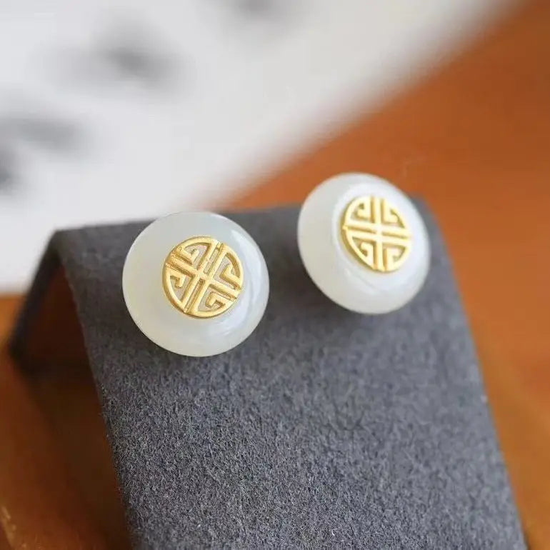 Silver Inlaid Hetian Jade Earrings, Retro Chinese Craft Charm Women's Jewelry