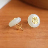 Silver Inlaid Hetian Jade Earrings, Retro Chinese Craft Charm Women's Jewelry