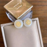 Silver Inlaid Hetian Jade Earrings, Retro Chinese Craft Charm Women's Jewelry