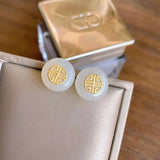 Silver Inlaid Hetian Jade Earrings, Retro Chinese Craft Charm Women's Jewelry