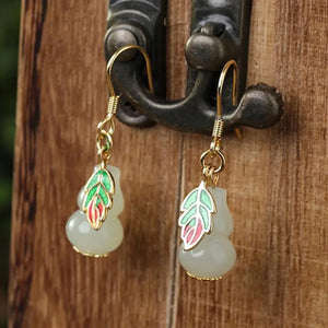 Silver Inlaid Hetian Jade Gourd Earrings Classical Charm Women's Jewelry