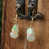 Silver Inlaid Hetian Jade Gourd Earrings Classical Charm Women's Jewelry