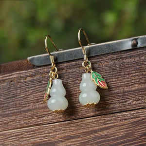 Silver Inlaid Hetian Jade Gourd Earrings Classical Charm Women's Jewelry