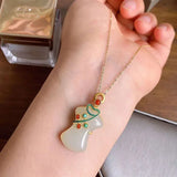 Silver Inlaid Hetian Jade Pendant Necklace Chinese Cheongsam Women's Jewelry