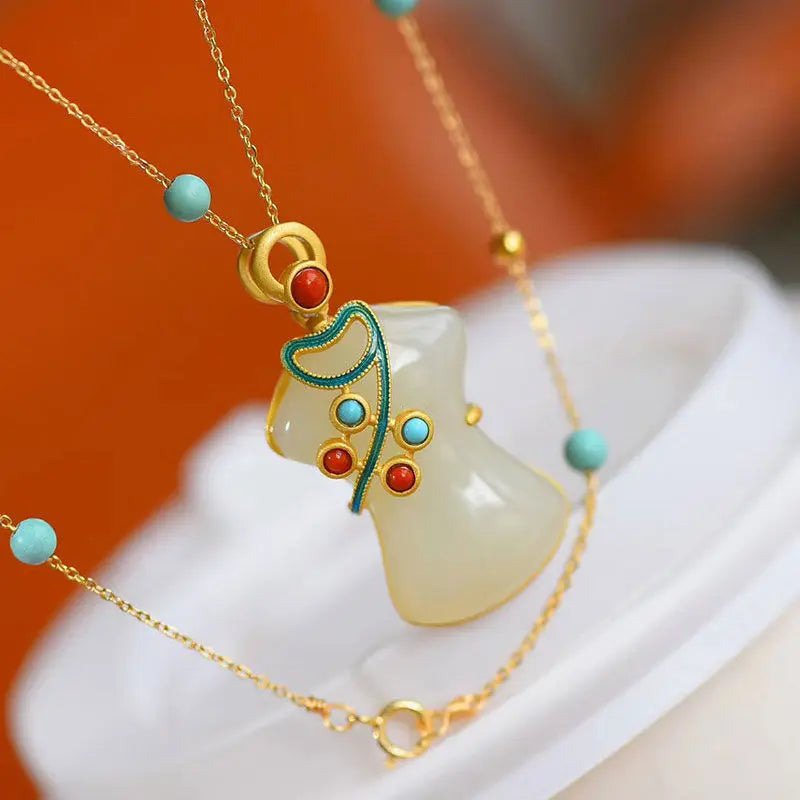 Silver Inlaid Hetian Jade Pendant Necklace Chinese Cheongsam Women's Jewelry
