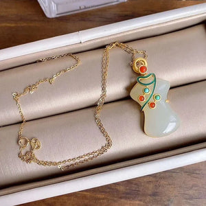 Silver Inlaid Hetian Jade Pendant Necklace Chinese Cheongsam Women's Jewelry