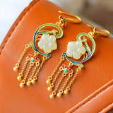 Silver Inlaid Hetian Jade Pendant Necklace Chinese Retro Flower Tassel Jewelry