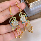 Silver Inlaid Hetian Jade Pendant Necklace Chinese Retro Flower Tassel Jewelry