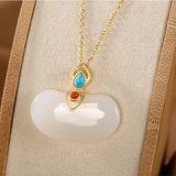 Silver Inlaid Hetian Jade Pendant Necklace Chinese Retro Gilding Women's Jewelry