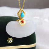 Silver Inlaid Hetian Jade Pendant Necklace Chinese Retro Gilding Women's Jewelry