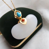Silver Inlaid Hetian Jade Pendant Necklace Chinese Retro Gilding Women's Jewelry