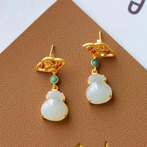 Silver Inlaid Hetian Jade Purse Earrings, Chinese Retro Craft Charm Jewelry
