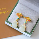 Silver Inlaid Hetian Jade Purse Earrings, Chinese Retro Craft Charm Jewelry