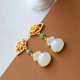 Silver Inlaid Hetian Jade Purse Earrings, Chinese Retro Craft Charm Jewelry